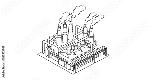 Isometric illustration of an industrial factory complex with multiple smokestacks