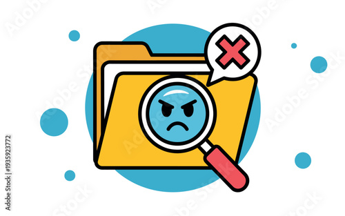 A cartoon illustration of a yellow folder with a magnifying glass and an angry face, indicating a search for something incorrect or unwanted.