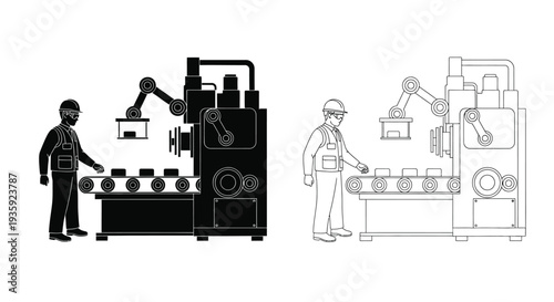 Factory worker interacting with automated robotic arm and industrial machinery