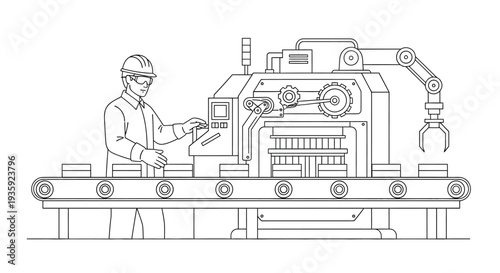 Factory worker operating automated machinery on a production line