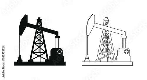 Two oil pump jack silhouettes one solid one outlined in black and white