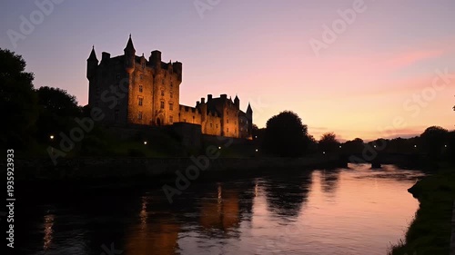 Ancient Castle Illuminated at Dusk Over Reflecting River with Soft Pink and Purple Sky
