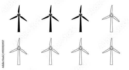 Line art illustration of six wind turbines in varying orientations