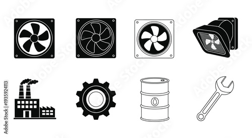 Black and white industrial icons depicting fans factories and mechanical parts
