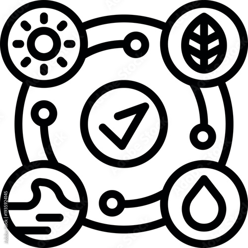 Interconnected icons symbolize passing environmental sustainability check, encompassing renewable energy, clean water, land preservation, and plant life