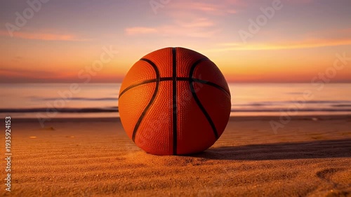 Basketball on Sandy Beach at Golden Sunset with Ocean Waves in Background Soft Light