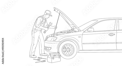 Mechanic repairs a car engine with tools in a detailed line drawing