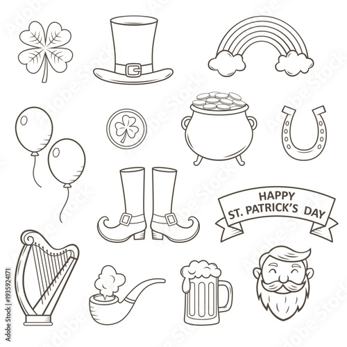 St. Patrick's Day  vector icon set with shamrock, leprechaun, pot of gold and Irish symbols