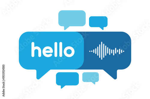 A graphic illustration of a speech bubble with the word 'hello' and a sound wave symbol, representing communication and conversation.