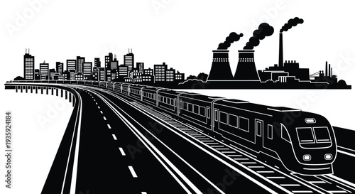 A black and white illustration depicting a train passing an industrial city