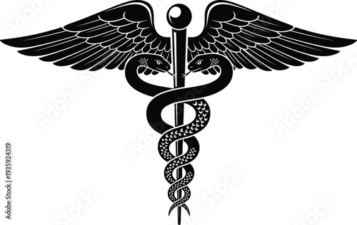 Caduceus medical symbol with wings and snakes healthcare medicine pharmacy doctor emblem vintage vector illustration isolated design