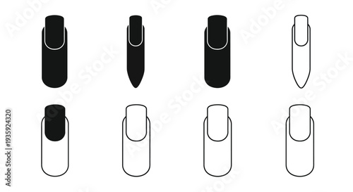 Black and white illustration of various nail shapes and polish designs