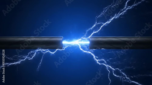 Bright Blue Lightning Bolt Connects Two Metal Rods Against Dark Blue Background With Sparkles