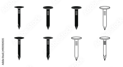 A collection of various nail types in black and white illustrations