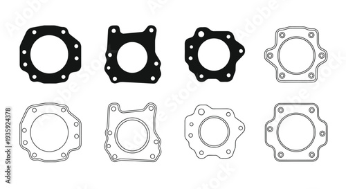 Technical drawing of various circular and polygonal gaskets with bolt holes