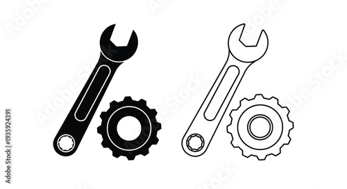 Black and white illustration of wrenches and gears side by side