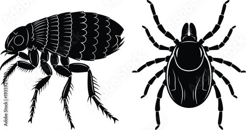 Flea and tick parasite insects silhouette set pest vector illustration isolated bug animal parasite veterinary infestation concept