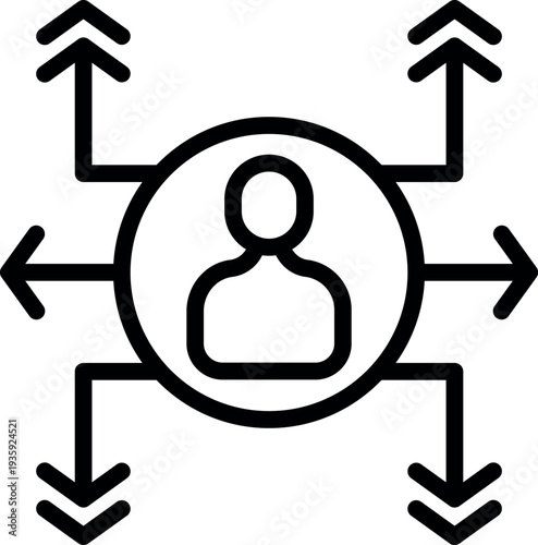 Arrows pointing in different directions surrounding a person, representing career path, decision making, choosing right way, business solution