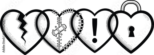Broken stitched warning locked heart symbols love relationship problems emotional protection vector illustration concept icon set