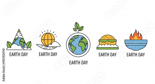 Earth day icons set eco friendly symbols with globe food sun and recycling environmental awareness illustrations