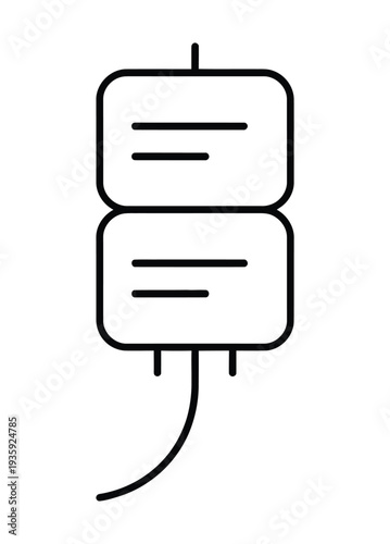 Vector line art illustration of a medical iv bag with two compartments and a tube