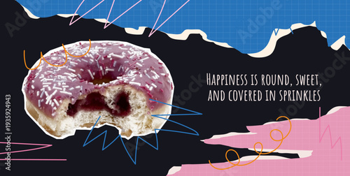 funly halftone collage donut a bitten jam with pink icing and sprinkles, paired with a playful quote about happiness. Modern collage style with abstract shapes on a isolated background