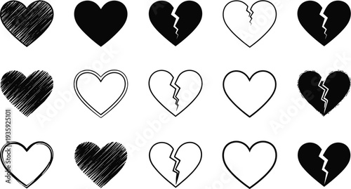 Hand drawn heart icons collection broken and whole love symbols romance sketch style vector illustration design set
