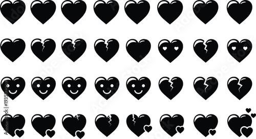 Heart icon set with broken hearts smiling hearts love symbols romantic emotions relationship feelings collection black silhouette vector illustration
