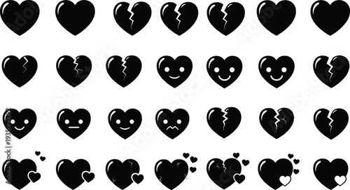 Heart icon collection with broken hearts smiling hearts love symbols emotional expression set romantic relationship feelings vector illustration