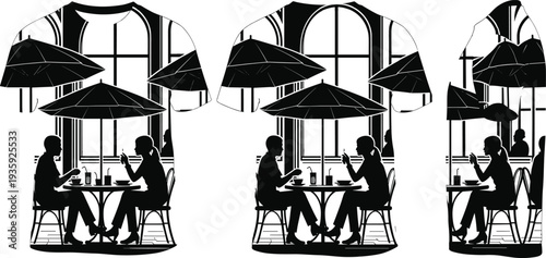 Couple dining at outdoor cafe restaurant romantic date meeting silhouette people sitting table umbrella vector illustration set
