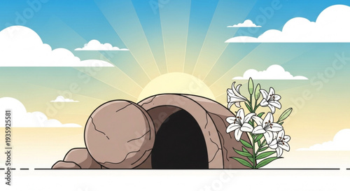 Easter morning tomb with rolled stone and white lilies at sunrise with blue sky and clouds