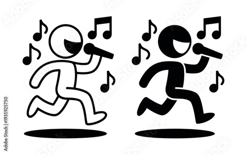 Two stick figures singing into microphones while running with musical notes around them