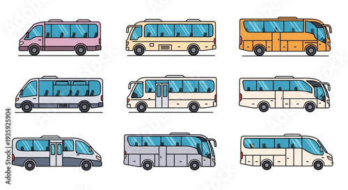 Collection of Various Buses and Minibuses Isolated on White Background.