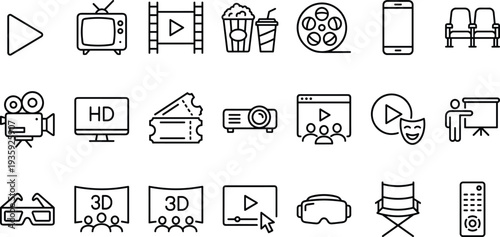 Movie and cinema icon set, video entertainment symbols, film graphics, streaming tools, multimedia visuals, minimal design, digital experience