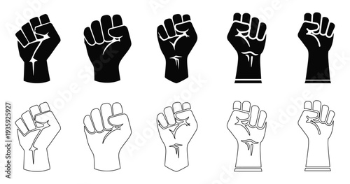 Raised Fist Protest Power Icon Set, Revolution Resistance Symbol Collection Black Solid and Outline Hand Fist Vector Icons for Activism, Human Rights Freedom Movement Social Justice and Protest Design