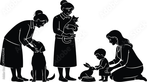 Silhouette illustration of people caring for pets and animals, showing companionship, nurturing, responsibility, and family bonding through dog, cat, rabbit interaction in black-and-white design