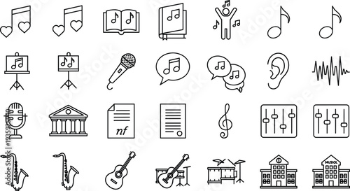 Music icons, musical education, sound wave, audio mixer, treble clef, music school, instruments, singing, microphone, music book, performance, notes
