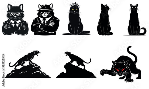 Collection of feline silhouettes and illustrations in various poses and styles