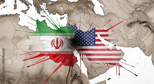 Artistic map representing geopolitical conflict between iran and usa with ink splatter style