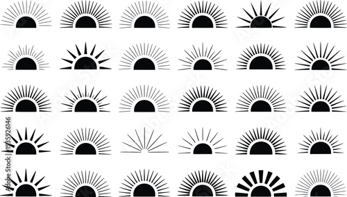 Collection of sunrise and sunset motifs in vector format, with radiating lines.