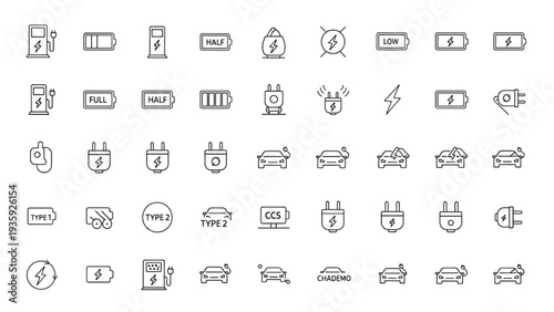 Electric Vehicle Charging Station Icon Set, EV Battery Energy Plug Connector, Clean Outline Eco Transport Vector Icons Pack