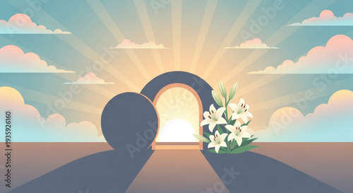 Silhouette person looking at sunrise through archway with white lilies symbolizing hope and new beginnings in a serene landscape