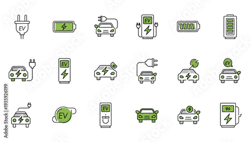 Electric Vehicle Charging Station Icon Set, EV Charger Plug, Battery Charging Car, Green Energy Transport, Clean Minimal Outline Vector Icons
