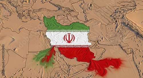 Map of iran with national flag colors green and red flowing outwards representing influence