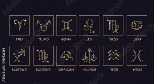 Collection of twelve zodiac signs in golden outline on dark background.