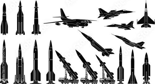 Military missiles rockets fighter jets bomber aircraft defense weapons aviation arsenal silhouette vector illustration collection isolated set