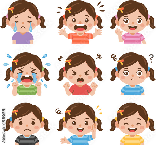 Cute little girl showing different emotions faces set including happy sad angry confused expressions, children feelings concept, flat vector illustration