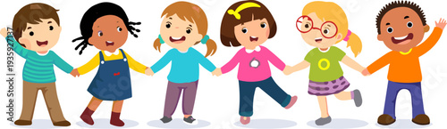 Happy multicultural children holding hands together showing friendship diversity unity and teamwork concept, inclusive kids group, flat vector illustration
