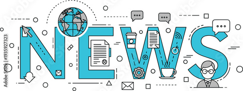 News illustration, media icons, journalism concept, global communication, digital reporting, information design, press tools, broadcast symbols, editorial graphics, content delivery