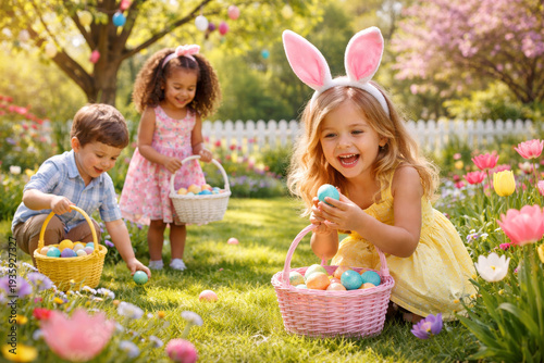 Fröhliche Kinder bei der Ostereiersuche im sonnigen Frühlingsgarten. Zwei Mädchen und ein Junge sammeln bunte Ostereier in Körben zwischen blühenden Blumen und grünem Rasen. Ein Mädchen trägt Hasenohr